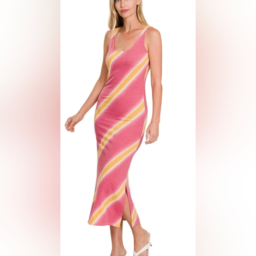 Zenana Diagonal print scoop neck midi dress